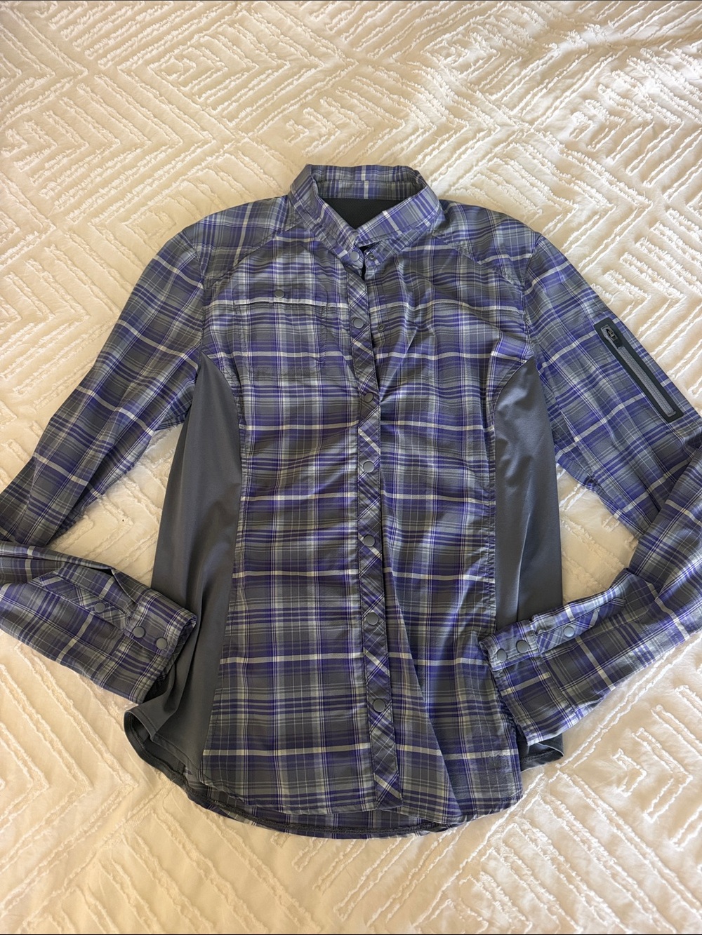 REI Purple Plaid Button-Down Shirt with Gray Panels